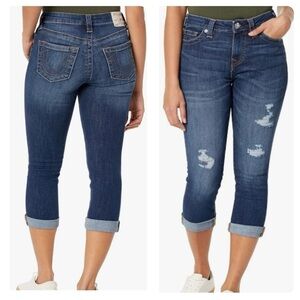 NWT True Religion HALLE Dark Wash Capri Crop Destroy Distressed Jeans size 25